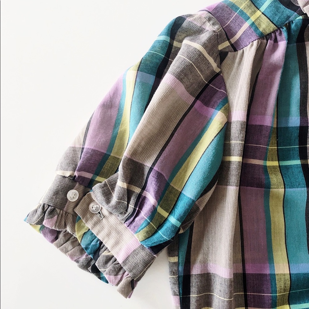 adorable peter pan collar + ruffled sleeves - plaid vtg 70s blouse - Picture 3 of 4